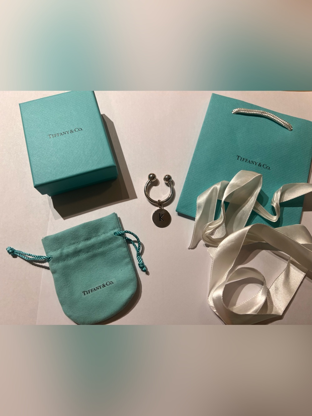 Tiffany & Co. Silver Key Ring with K Pendant